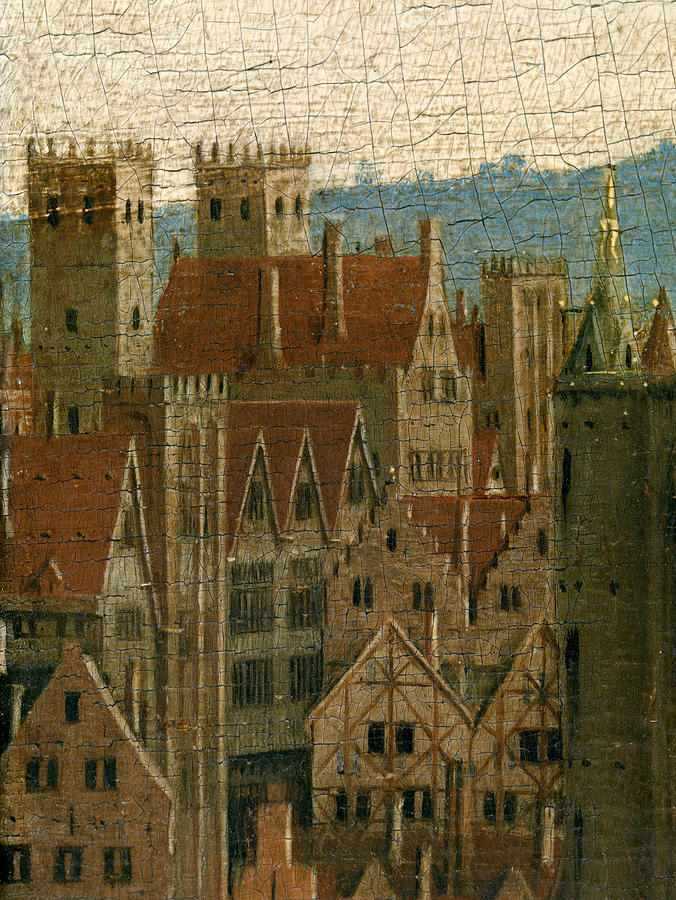 The Ghent Altarpiece Adoration of the Mystic Lamb detail of a city in ...