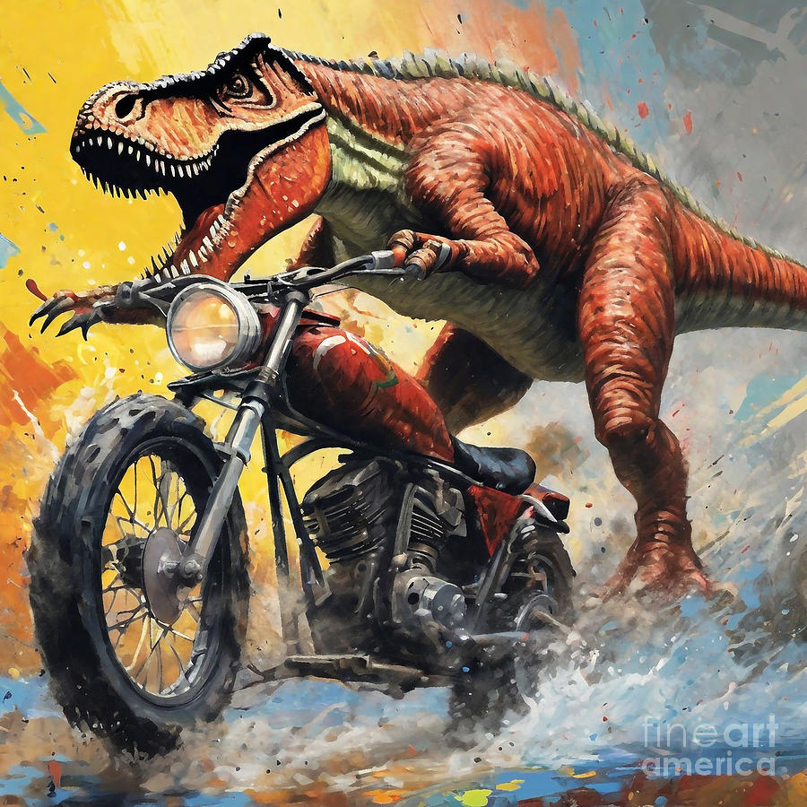 The Giganotosaurus Speeding On A Motorcycle Drawing By Clint Mclaughlin