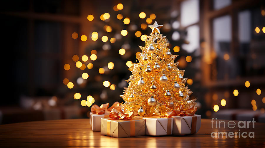 The gilded Christmas tree with presents placed on the table, bokeh in the background.  Digital Art by Odon Czintos