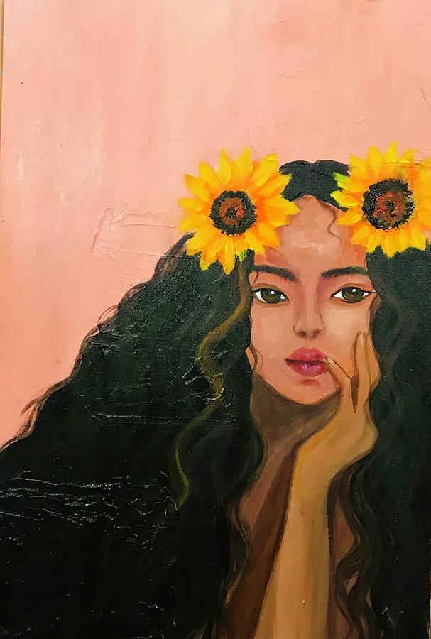 The Girl And Sunflower Painting