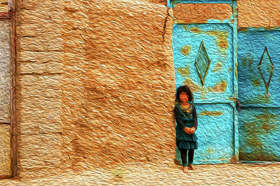 The Girl By The Blue Door Oil Rendering Digital Art by SR Green