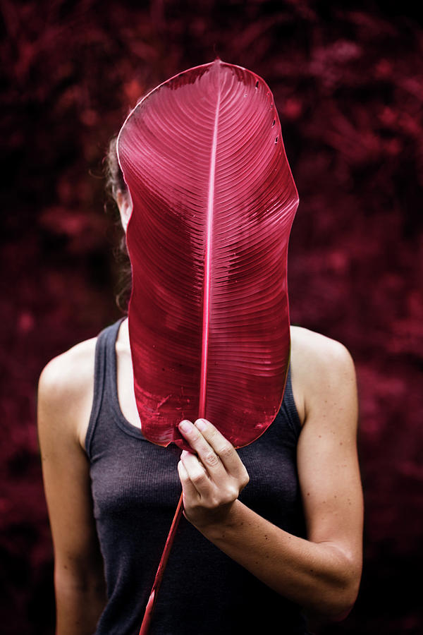 The girl covers her face with a large leaf, toned in pink Photograph by Iuliia Malivanchuk