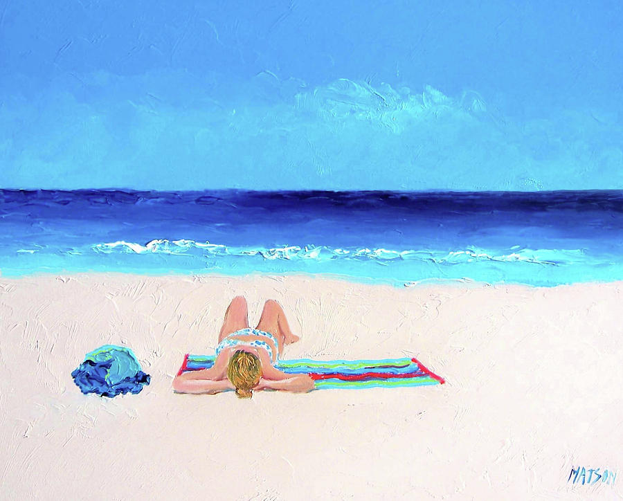 The Girl in a Blue Polka Dot Bikini  Painting by Jan Matson