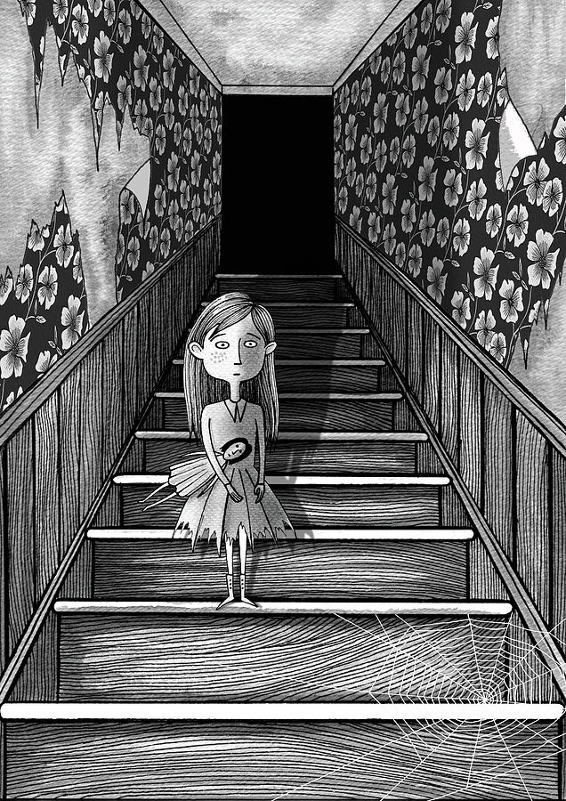 Black And White Mixed Media - The Girl on the Stairs by Andrew Hitchen