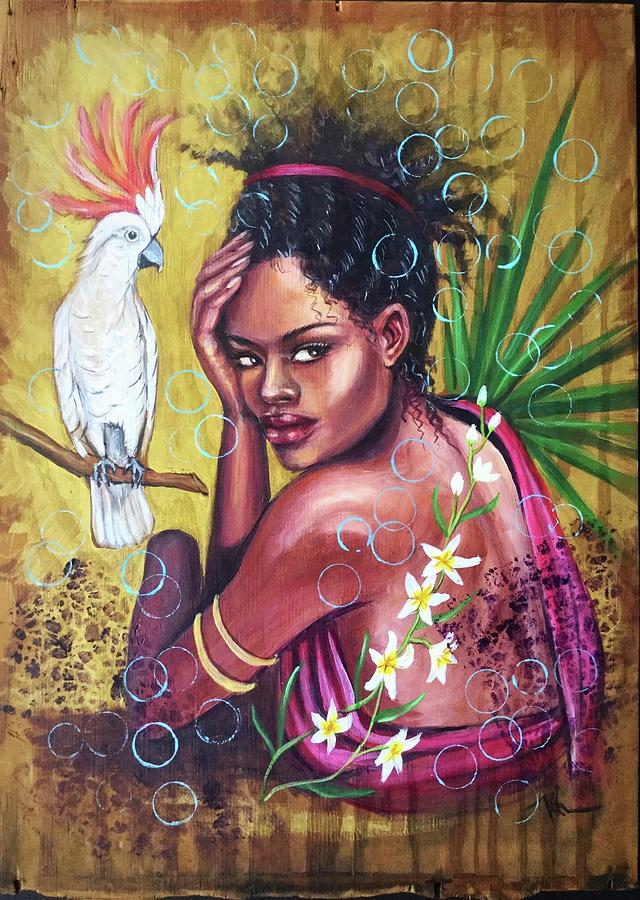 The girl with a parrot  Mixed Media by Katerina Kovatcheva