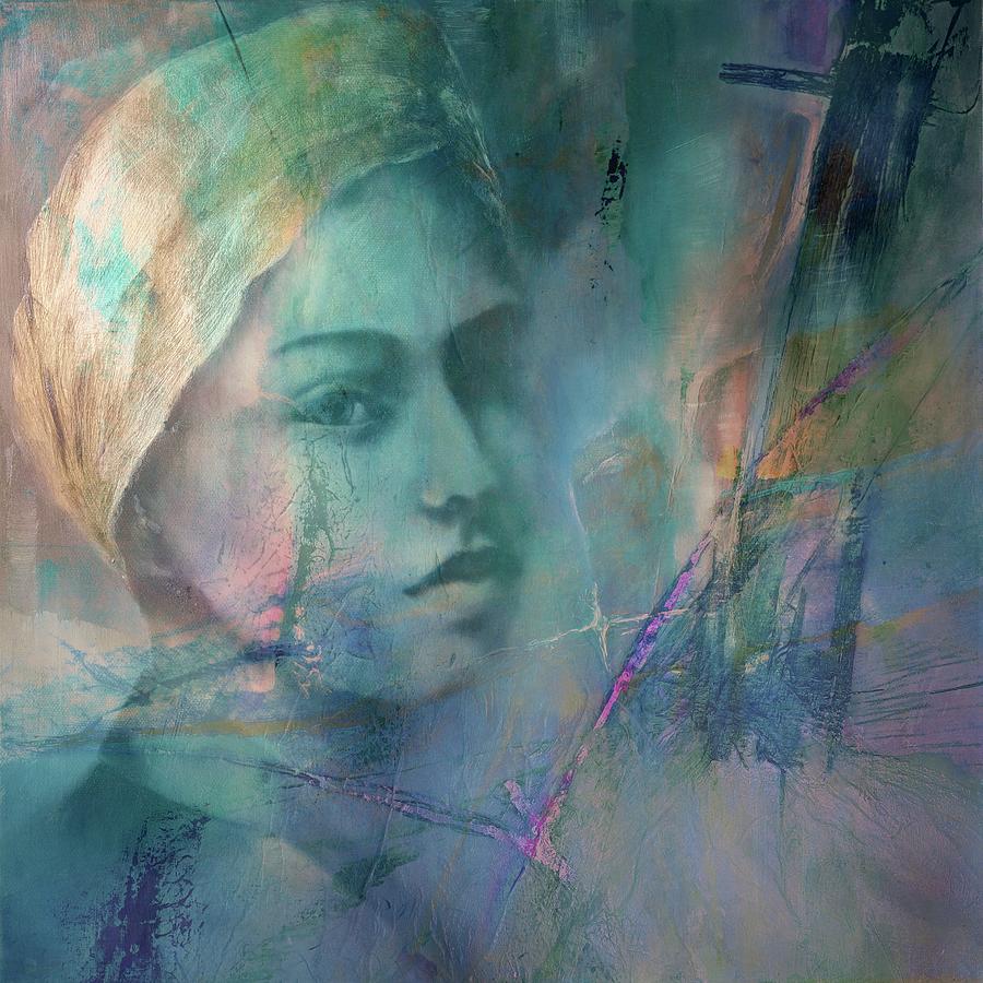 The girl with the golden hair scarf-structures in violet Painting by Annette Schmucker
