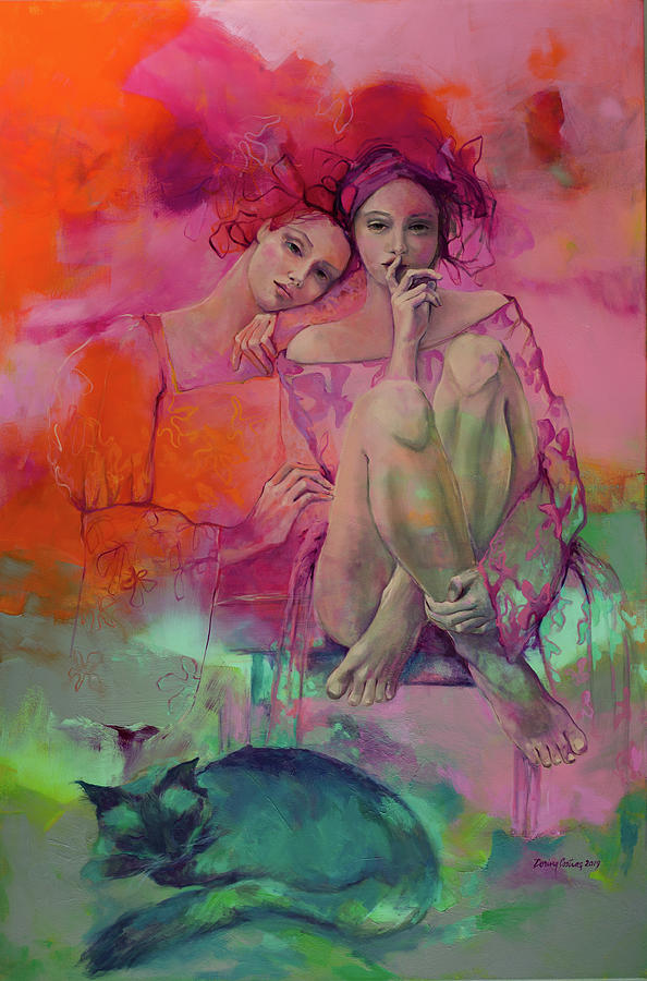 The Girls With The Sleeping Cat Painting by Dorina Costras