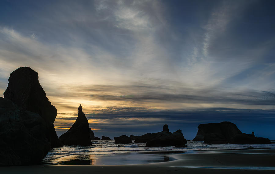 The Glory of Sunset on the Rock Monoliths at Bandon Beach Photograph by Roberta Kayne