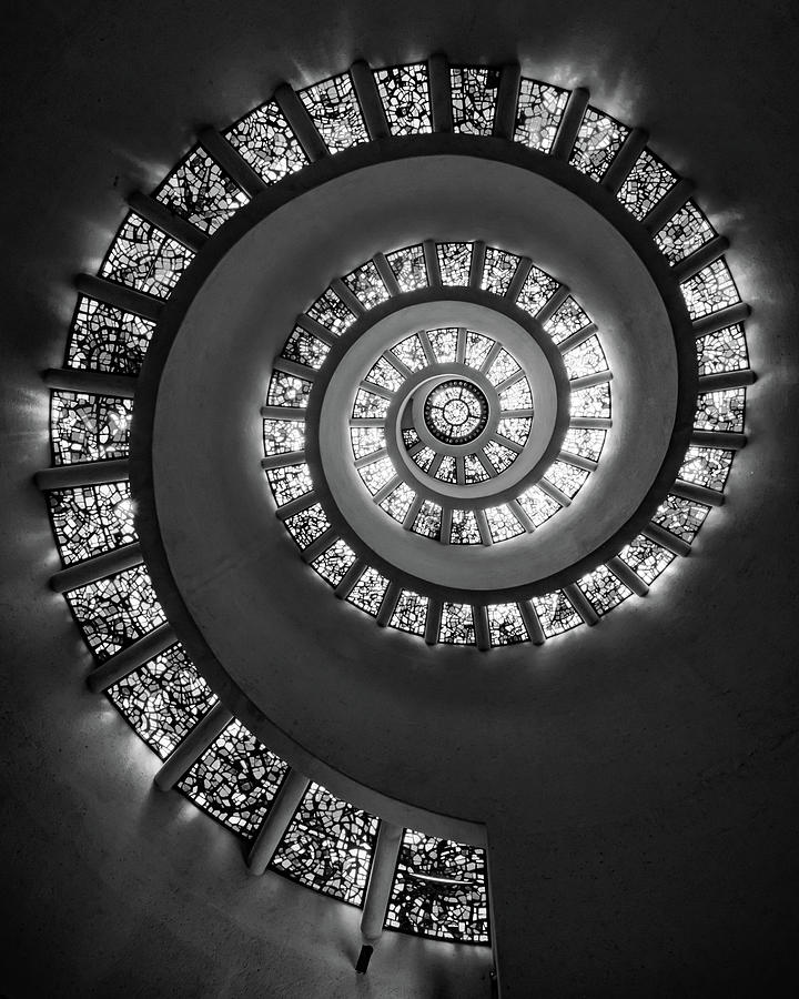 Black And White Photograph - The Glory Window in Black and White - Dallas Thanks-Giving Square Chapel by Gregory Ballos