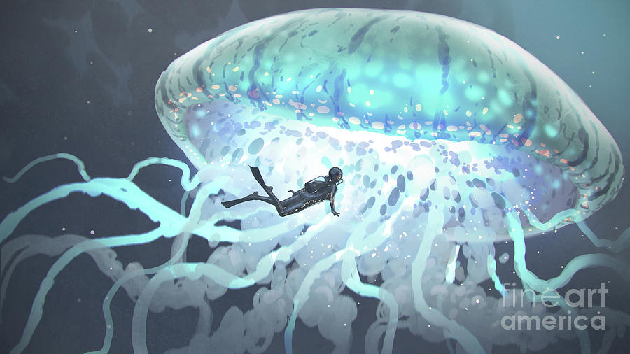 The Glowing Jellyfish On The Deep Sea Painting by Tithi Luadthong