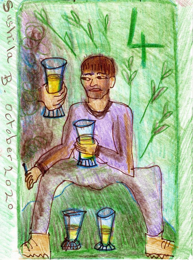Tarot Drawing - The Glowing Tarot Cups 4 by Sushila Burgess Tarot Drawing - The Glowing Tarot Cups 4 by Sushila Burgess