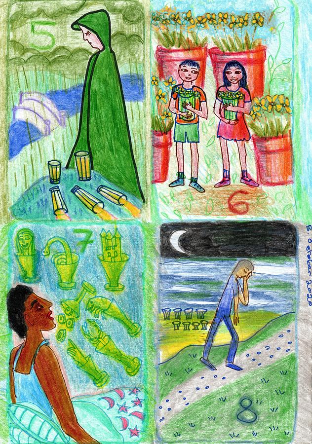 Tarot Drawing - The Glowing Tarot Cups 5 to 8 by Sushila Burgess Tarot Drawing - The Glowing Tarot Cups 5 to 8 by Sushila Burgess