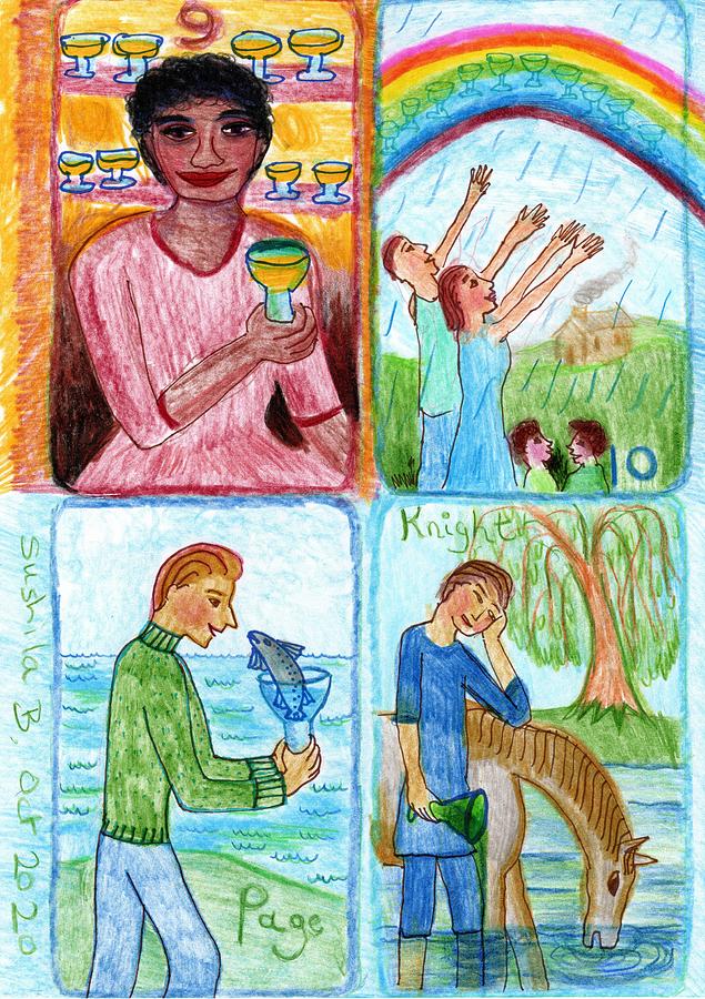 Tarot Drawing - The Glowing Tarot Cups 9 to 12 by Sushila Burgess Tarot Drawing - The Glowing Tarot Cups 9 to 12 by Sushila Burgess