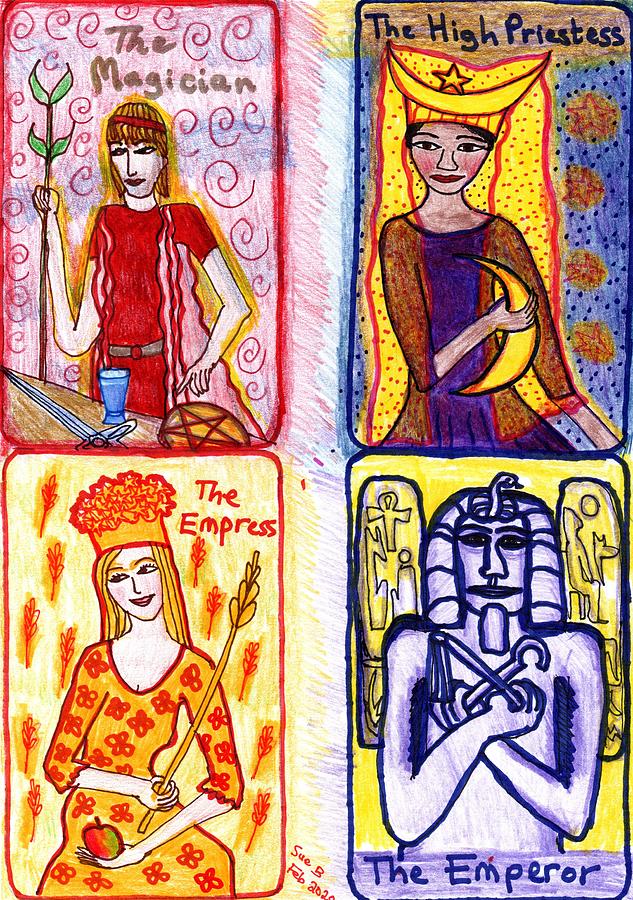 Tarot Drawing - The Glowing Tarot Major Arcana 1 to 4 by Sushila Burgess Tarot Drawing - The Glowing Tarot Major Arcana 1 to 4 by Sushila Burgess