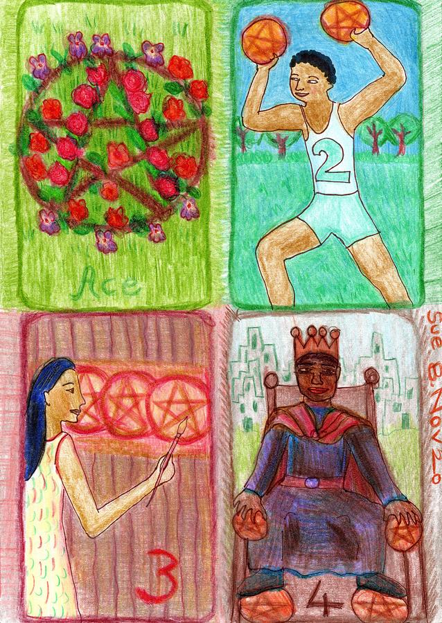 Tarot Drawing - The Glowing Tarot Pentacles 1 to 4 by Sushila Burgess Tarot Drawing - The Glowing Tarot Pentacles 1 to 4 by Sushila Burgess