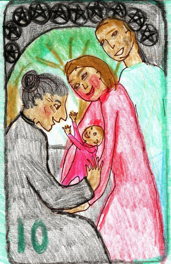 Tarot Drawing - The Glowing Tarot Pentacles 10 by Sushila Burgess Tarot Drawing - The Glowing Tarot Pentacles 10 by Sushila Burgess