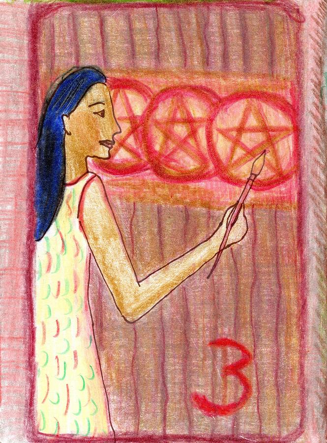 Tarot Drawing - The Glowing Tarot Pentacles 3 by Sushila Burgess Tarot Drawing - The Glowing Tarot Pentacles 3 by Sushila Burgess