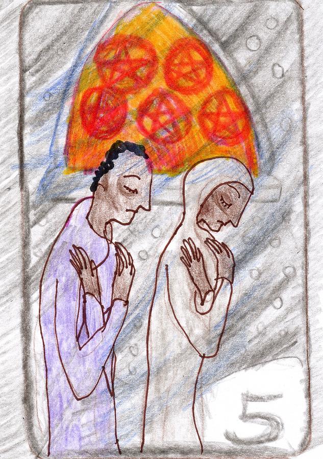 Tarot Drawing - The Glowing Tarot Pentacles 5 by Sushila Burgess Tarot Drawing - The Glowing Tarot Pentacles 5 by Sushila Burgess