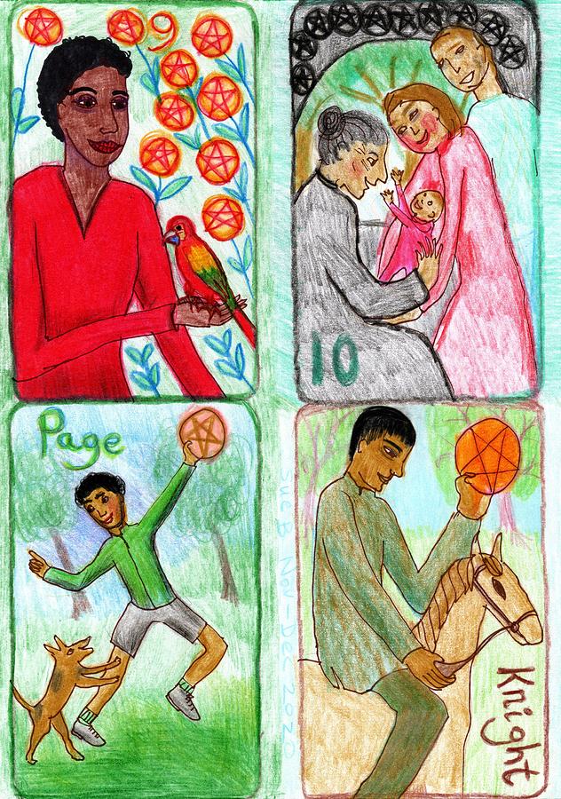 Tarot Drawing - The Glowing Tarot Pentacles 9 to 12 by Sushila Burgess Tarot Drawing - The Glowing Tarot Pentacles 9 to 12 by Sushila Burgess