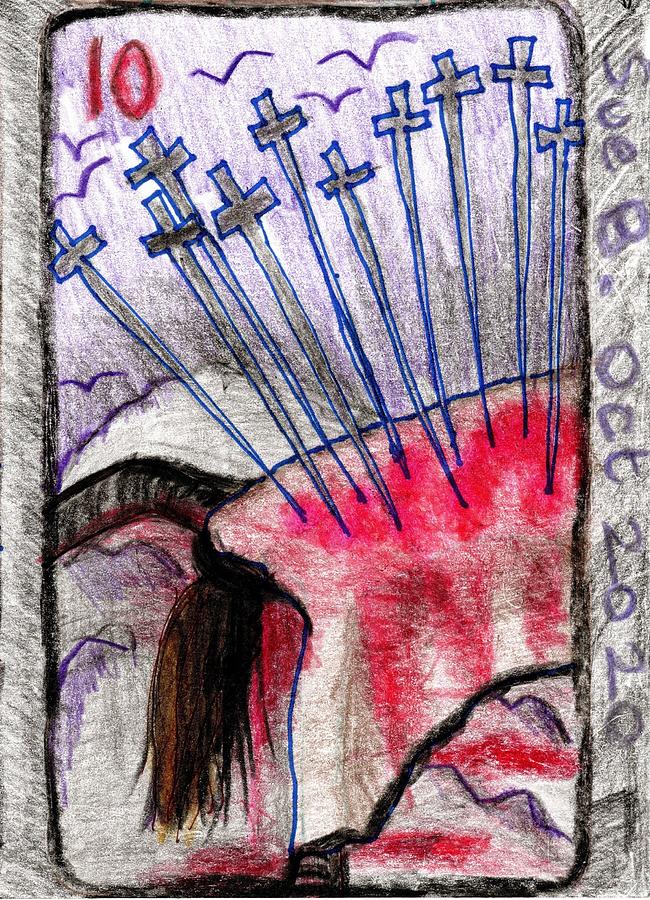 Tarot Drawing - The Glowing Tarot Swords 10 by Sushila Burgess Tarot Drawing - The Glowing Tarot Swords 10 by Sushila Burgess
