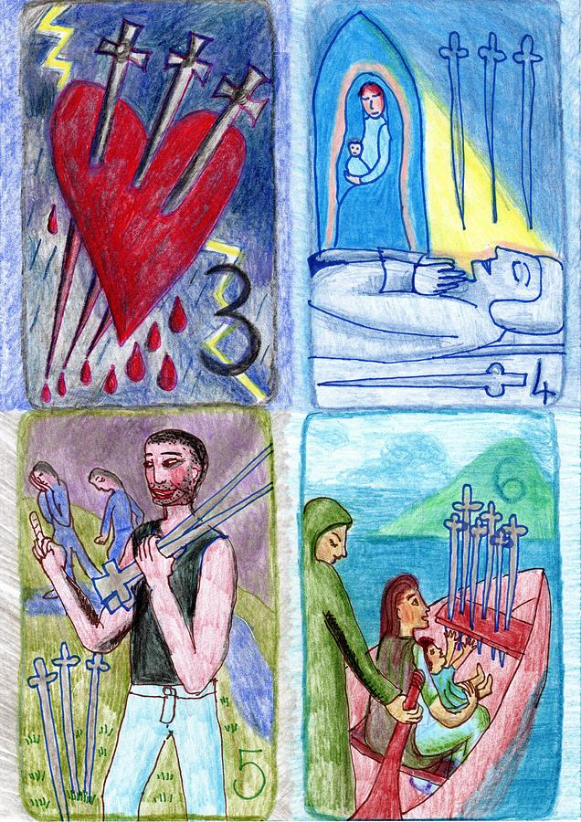 Tarot Drawing - The Glowing Tarot Swords 3 to 6 by Sushila Burgess Tarot Drawing - The Glowing Tarot Swords 3 to 6 by Sushila Burgess