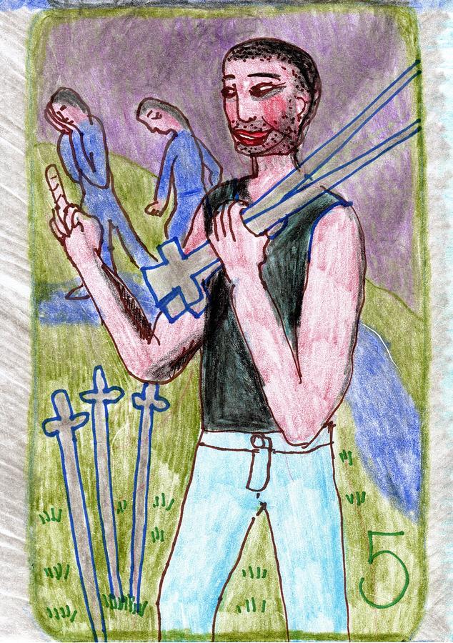 Tarot Drawing - The Glowing Tarot Swords 5 by Sushila Burgess Tarot Drawing - The Glowing Tarot Swords 5 by Sushila Burgess