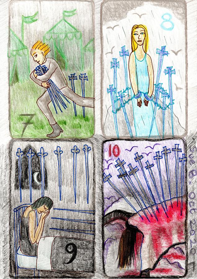 Tarot Drawing - The Glowing Tarot Swords 7 to 10 by Sushila Burgess Tarot Drawing - The Glowing Tarot Swords 7 to 10 by Sushila Burgess