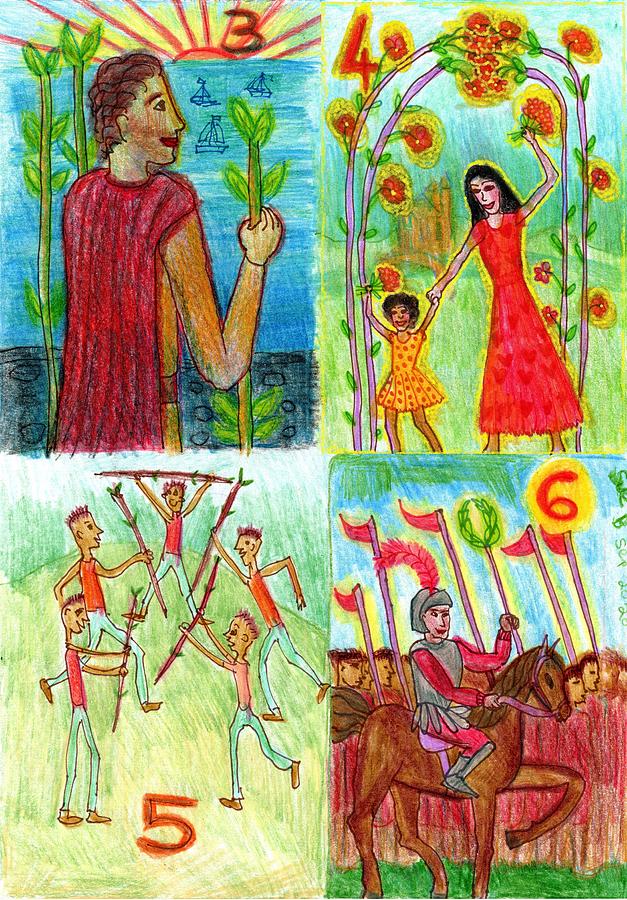Tarot Drawing - The Glowing Tarot Wands 3 to 6 by Sushila Burgess Tarot Drawing - The Glowing Tarot Wands 3 to 6 by Sushila Burgess