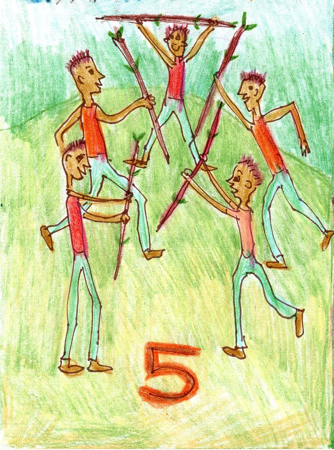 Tarot Drawing - The Glowing Tarot Wands 5 by Sushila Burgess Tarot Drawing - The Glowing Tarot Wands 5 by Sushila Burgess