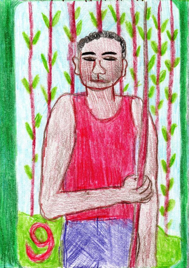 Tarot Drawing - The Glowing Tarot Wands 9 by Sushila Burgess Tarot Drawing - The Glowing Tarot Wands 9 by Sushila Burgess