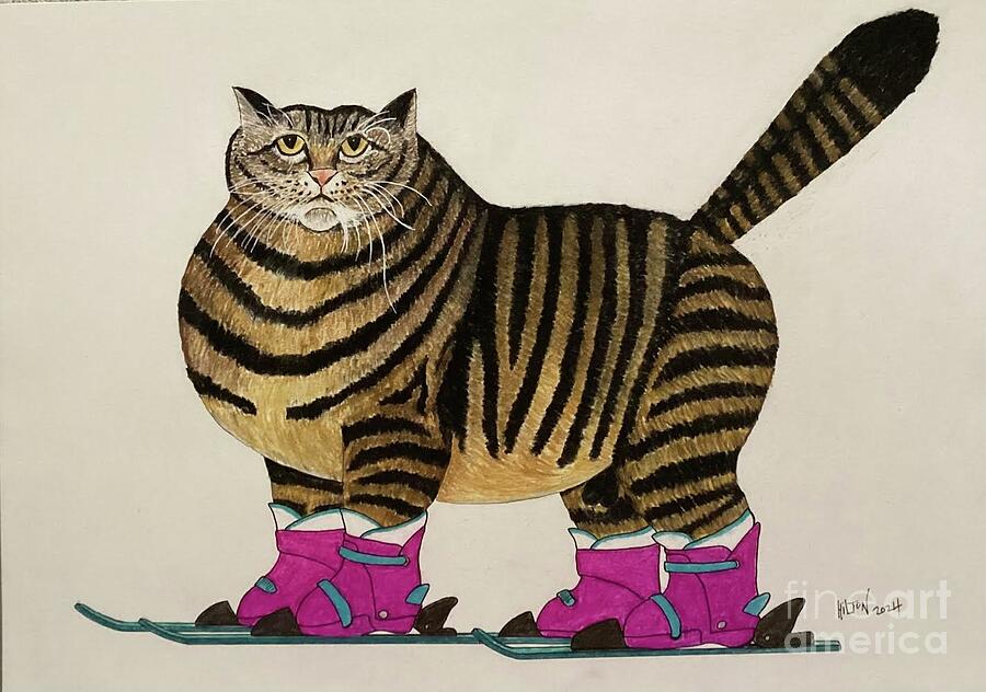 Cat Mixed Media - The Golden Boy of Feline Downhill - Cat on Skis  by Graham Wallwork