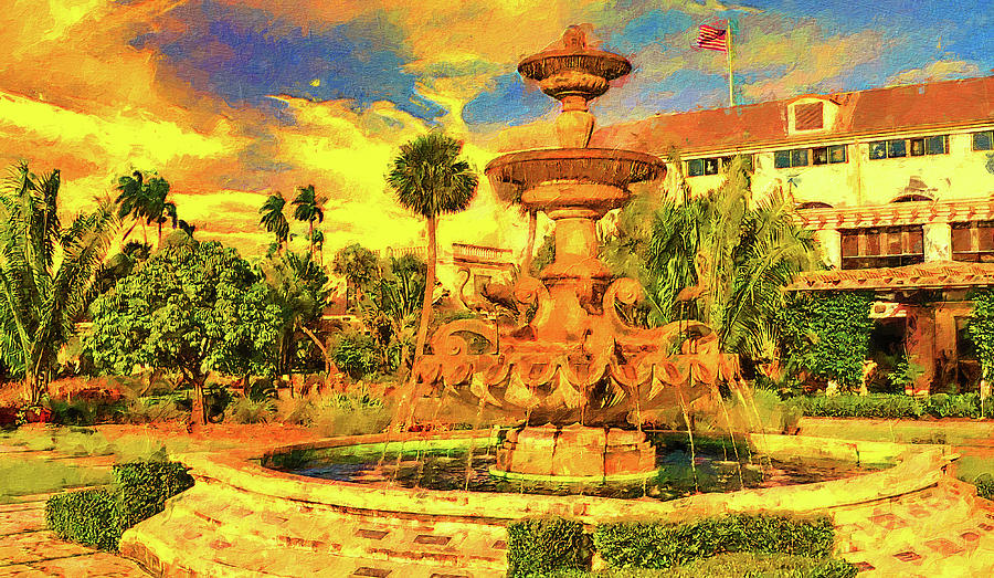 The Golden Flamingo Fountain in front of the Hialeah Park Casino at sunset - digital painting Digital Art by Nicko Prints