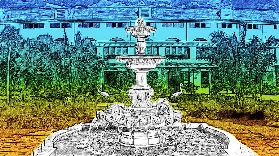 The Golden Flamingo Fountain in front of the Hialeah Park Casino - monochrome with isolated colors Digital Art by Nicko Prints