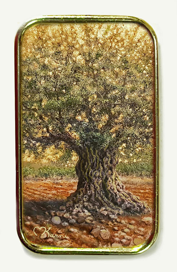 The golden olive tree trunk in the Galilee    Painting by Miki Karni