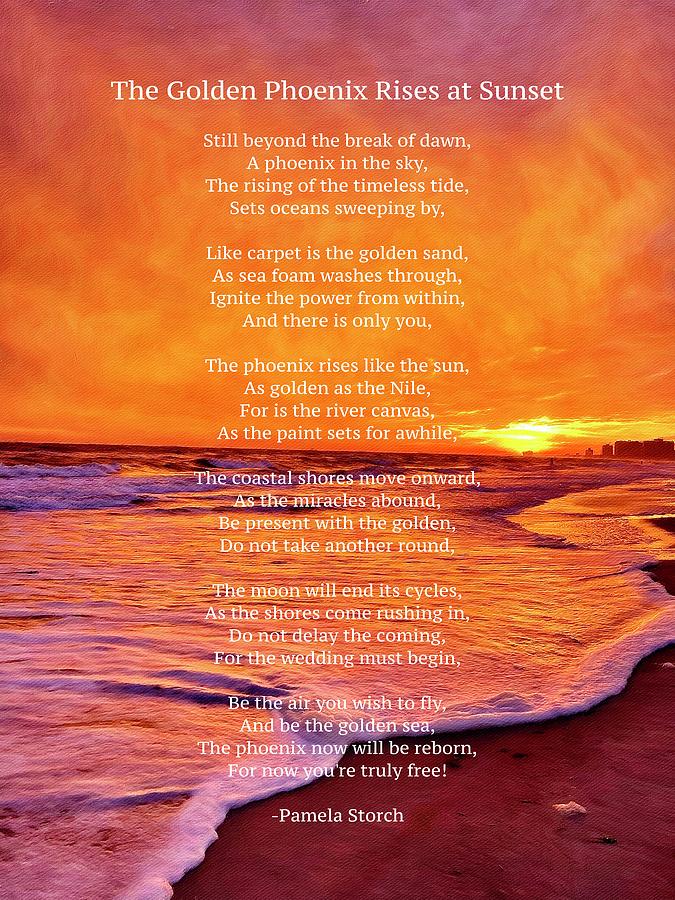 Phoenix Digital Art - The Golden Phoenix Rises at Sunset Poem by Pamela Storch