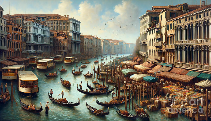 Architecture Painting - The Grand Canal of Venice in the late 19th century, bustling with gondolas and market stalls. by Jeff Creation