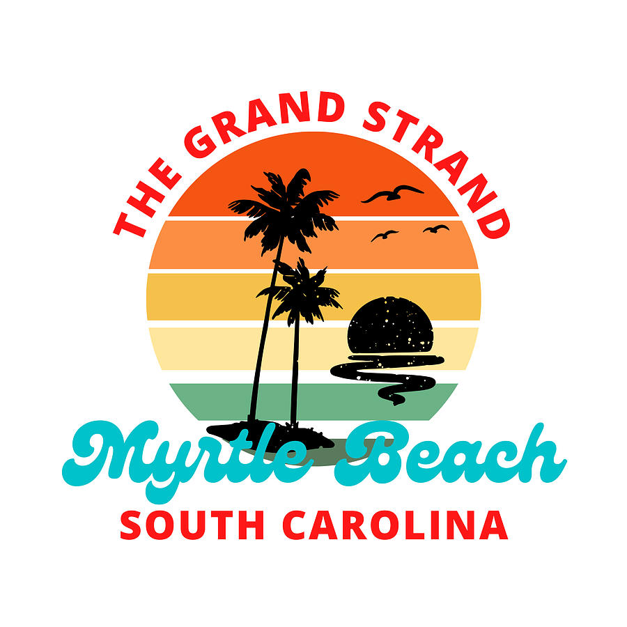 The Grand Strand Myrtle Beach South Carolina Sunset Retro Script Palm ...