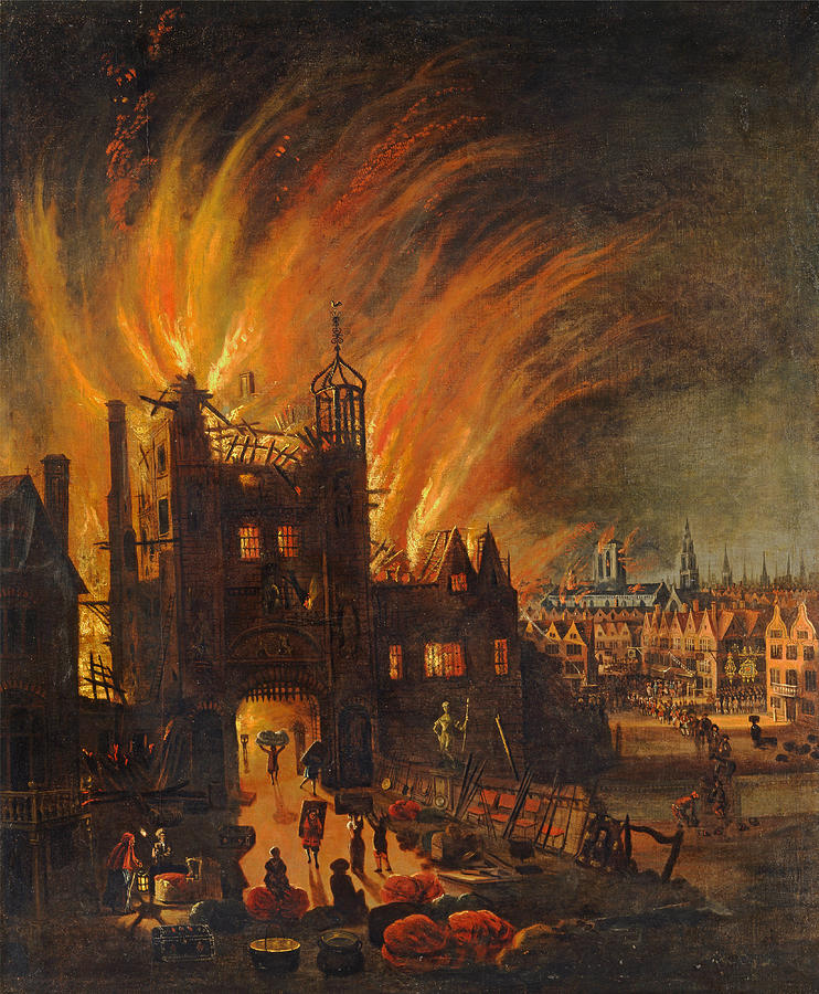 The Great Fire of London, with Ludgate and Old St. Pauls Painting by Anonymous