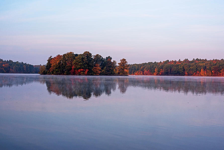The Great Island on Spot Pond in Stoneham Massachusetts in Fall Colors Autumn Sunrise Photograph by Toby McGuire