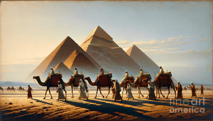 Camel Painting - The Great Pyramids of Giza with a caravan of merchants, in the style of a historic lithograph by Jeff Creation