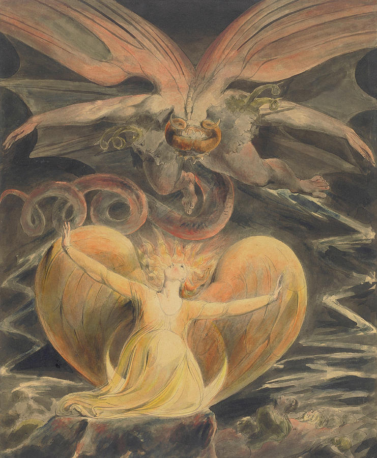 The Great Red Dragon and the Woman Clothed with the Sun, circa 1805 Painting by William Blake
