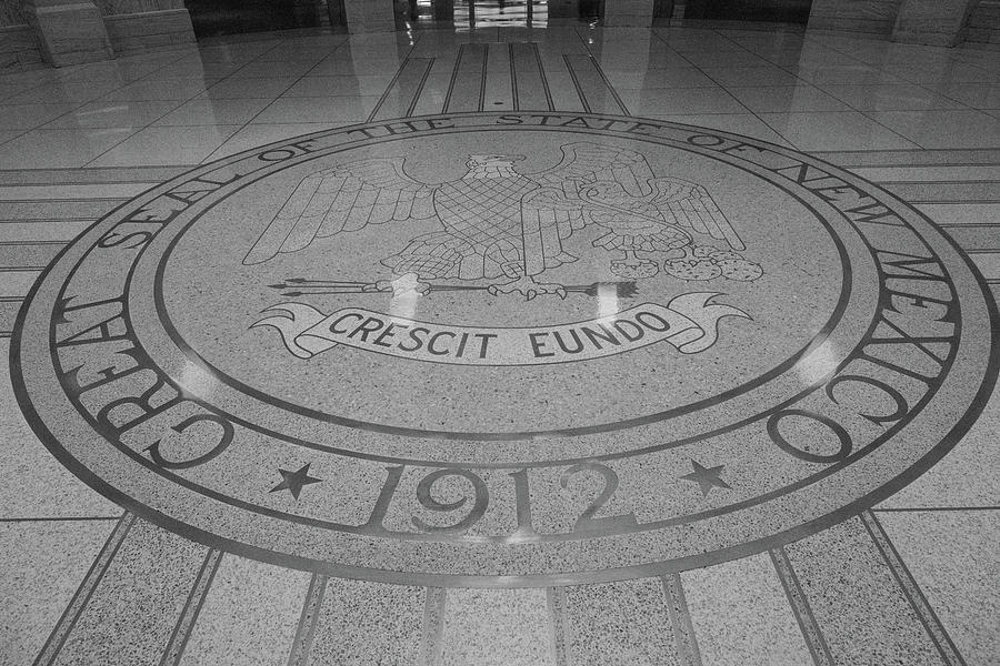 The Great Seal of New Mexico on the capitol floor in black and white Photograph by Eldon McGraw