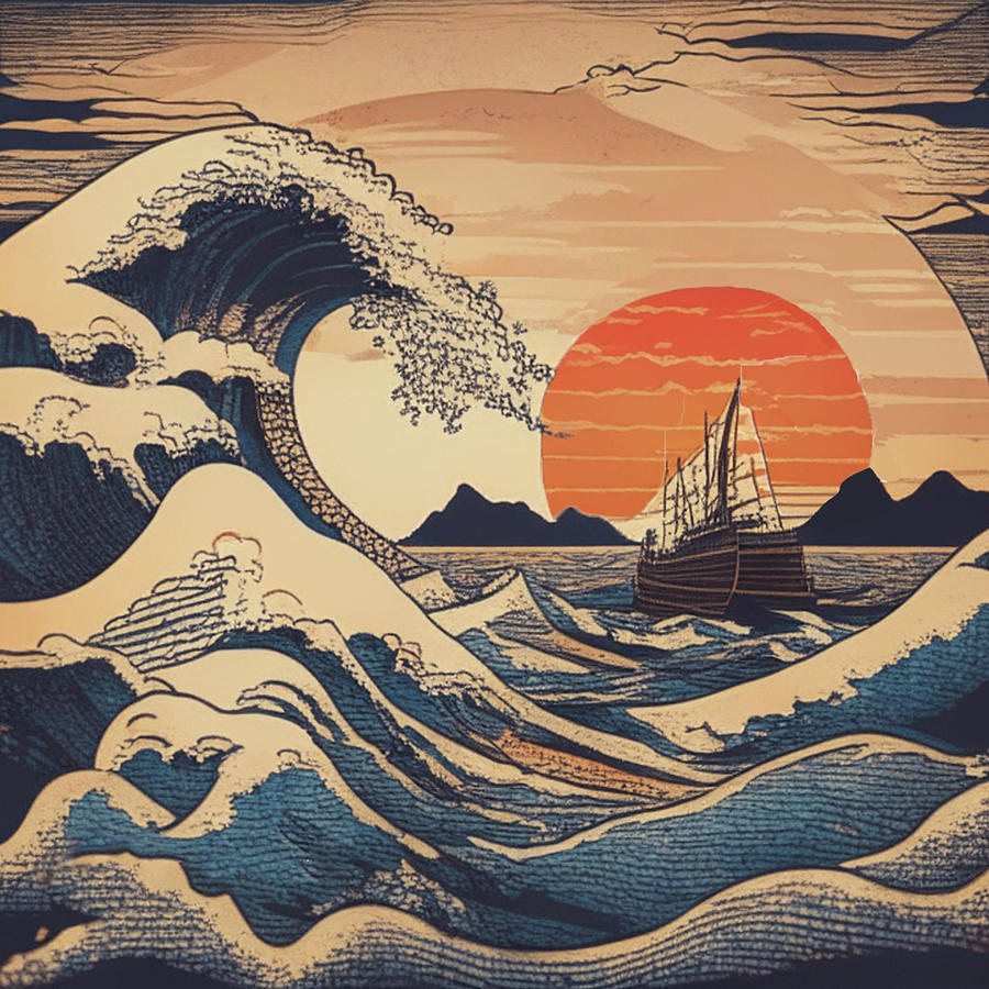Nature Painting - The Great Wave and The Boat by Jack Rey Locsin