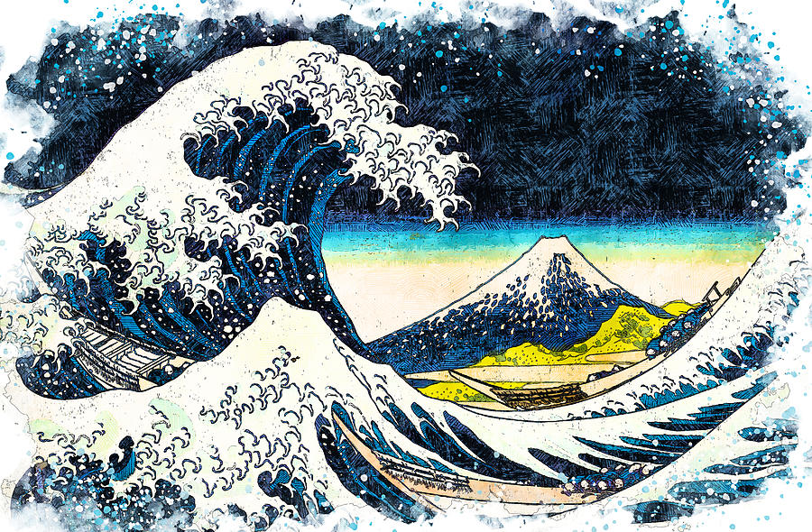 The Great Wave off Kanagawa and the Shore of Tago Bay, Ejiri at Tokaido - sketch effect Digital Art by Nicko Prints