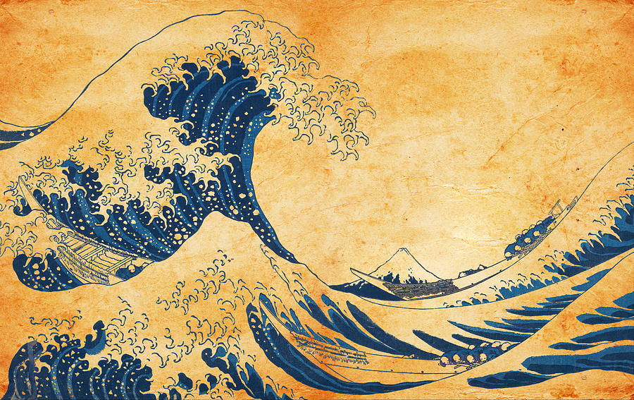 The Great Wave off Kanagawa by Katsushika Hokusai blended on old paper Digital Art by Nicko Prints