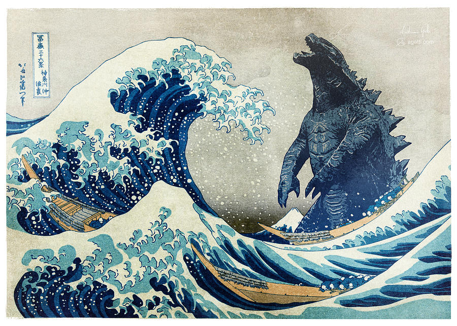 Hokusai Digital Art - The Great Wave with monster  by Andrea Gatti