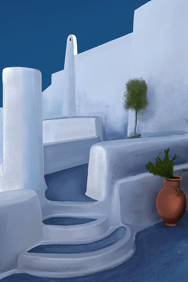 The Greek Lounge - Santorini, Greece - Building Architecture - Coastal Aesthetic - Blue, White Mixed Media