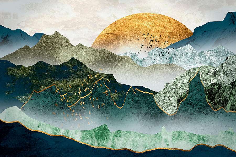 Nature Drawing - The green golden mountains by sunset by The Gallery