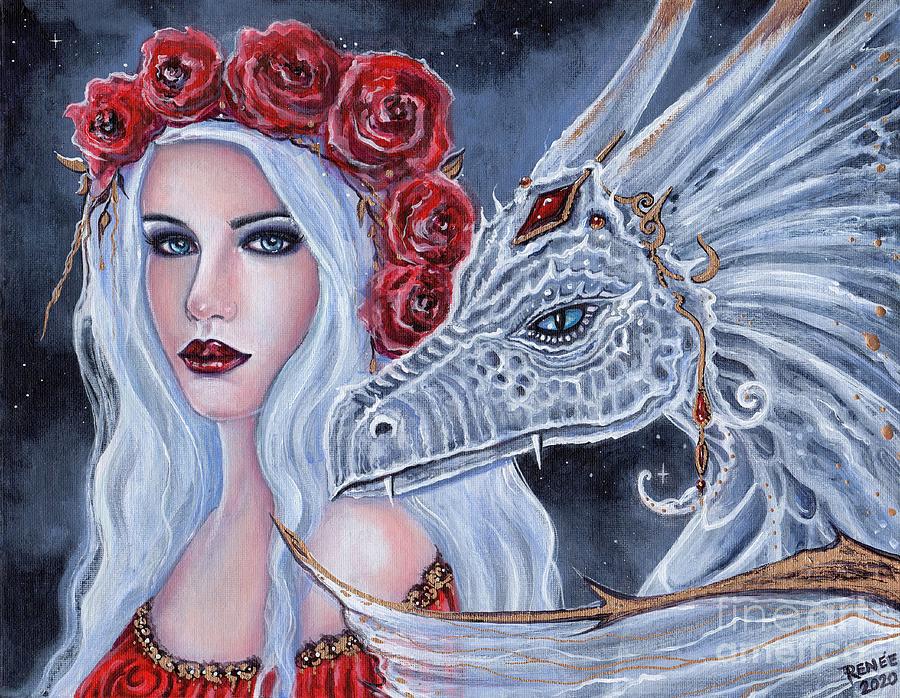 White Dragon Painting - The Guardian dragon and princess by Renee Lavoie