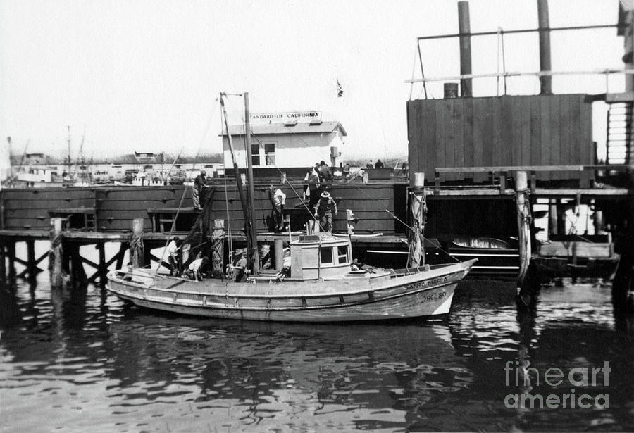 Boat Photograph - The half-ring boat Santa Maria at the tanning tanks on Fisherman by Monterey County Historical Society